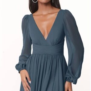 Azazie Deep Teal V-Neck Long Sleeve Maxi Dress
